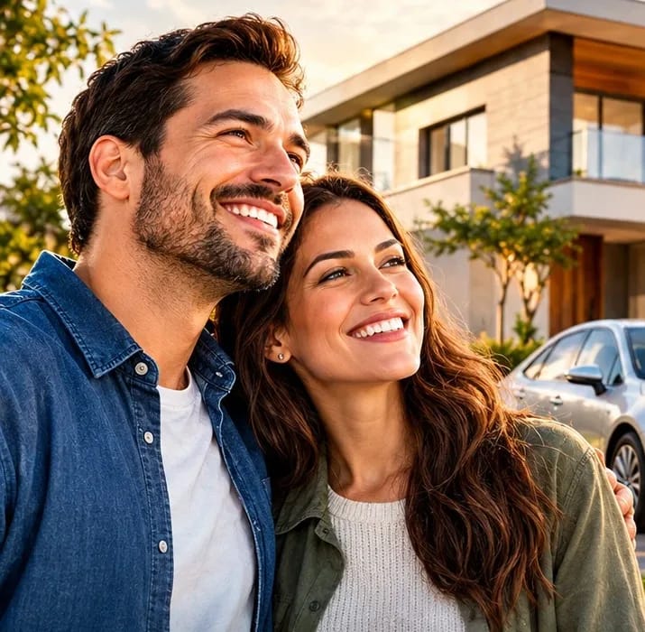 Casal sorrindo em frente a uma casa, com um carro e uma moto na garagem