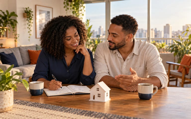 Casal conversa à mesa da sala, com uma maquete de casa, um caderno de anotações e duas xícaras de café